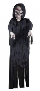 a grim reaper decoration, black ripped robes, skeleton face
